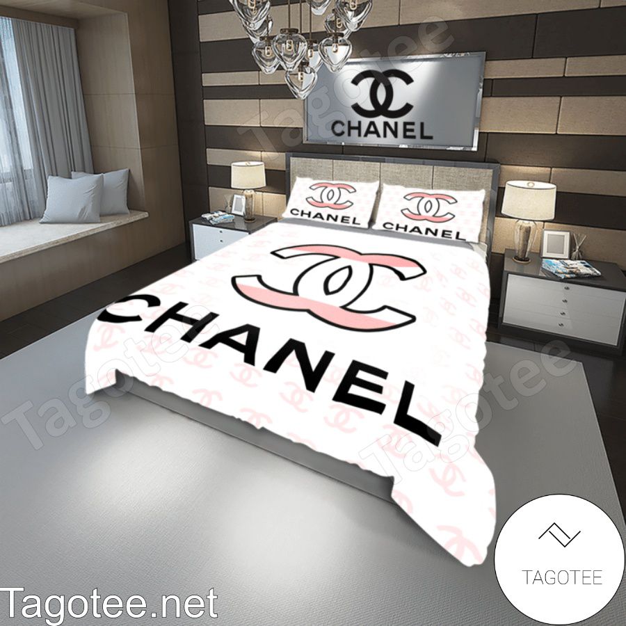 Chanel Pink Logo Full Print White Bedding Set