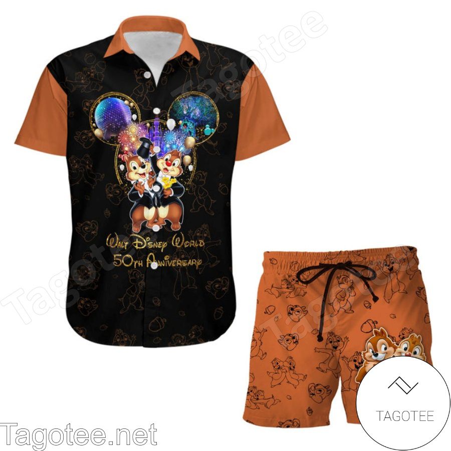 Chip & Dale 50th Anniversary Glitter Disney Castle Black Orange Hawaiian Shirt And Short