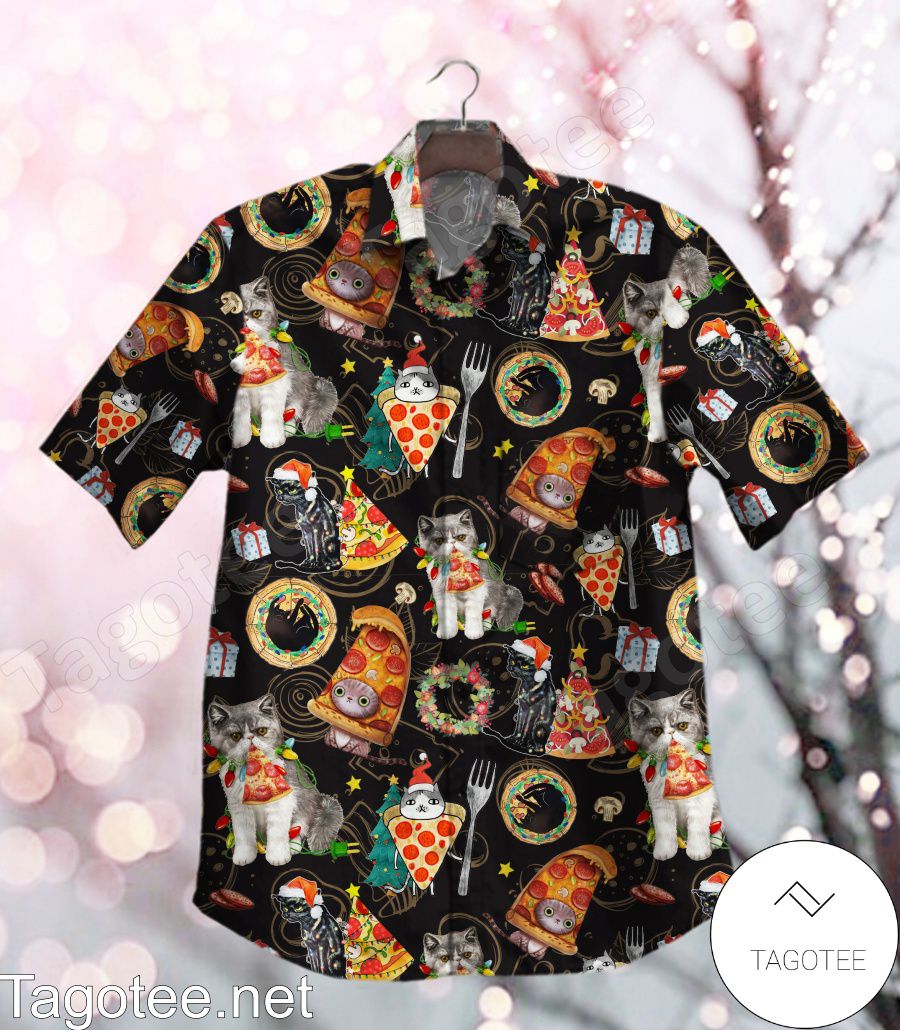 Christmas Pizza And Cats Hawaiian Shirt