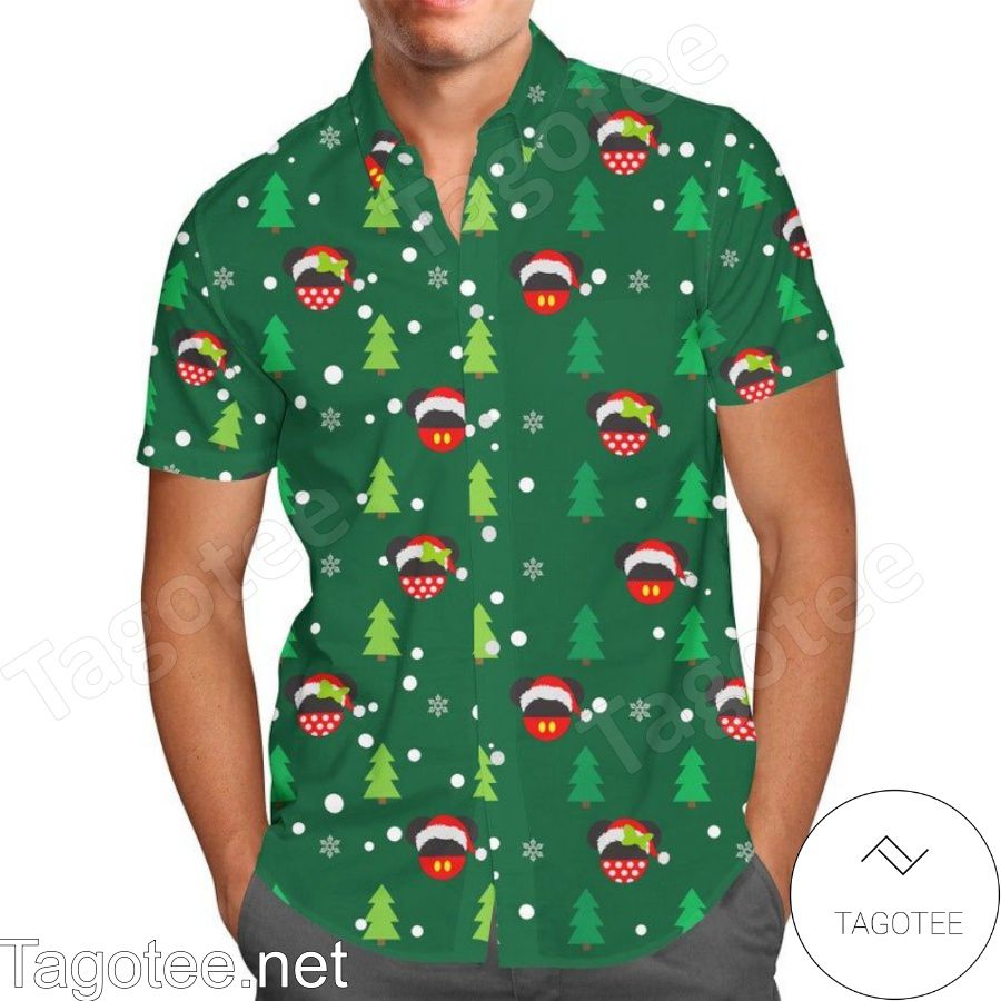 Christmas Santa Mickey & Minnie Disney Cartoon Graphics Inspired Green Hawaiian Shirt And Short