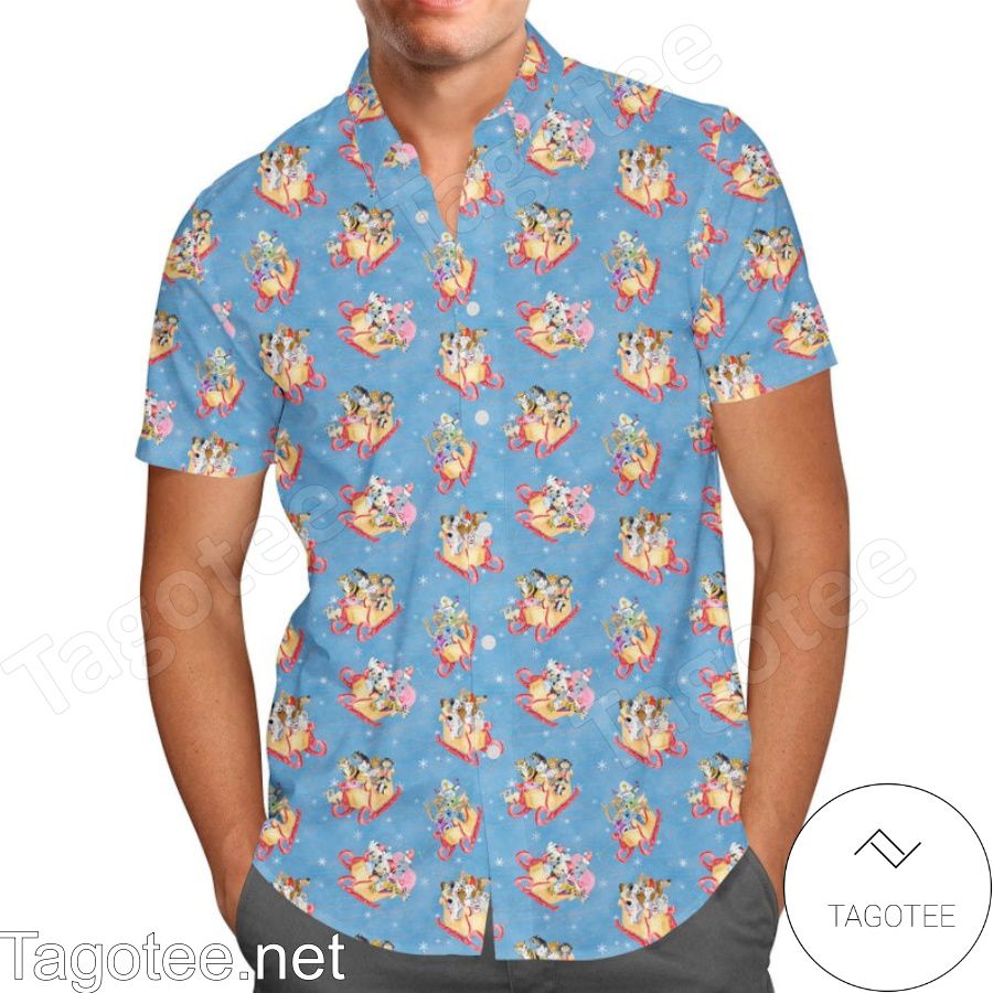 Christmas Sleigh Ride Disney Cartoon Graphics Blue Hawaiian Shirt And Short