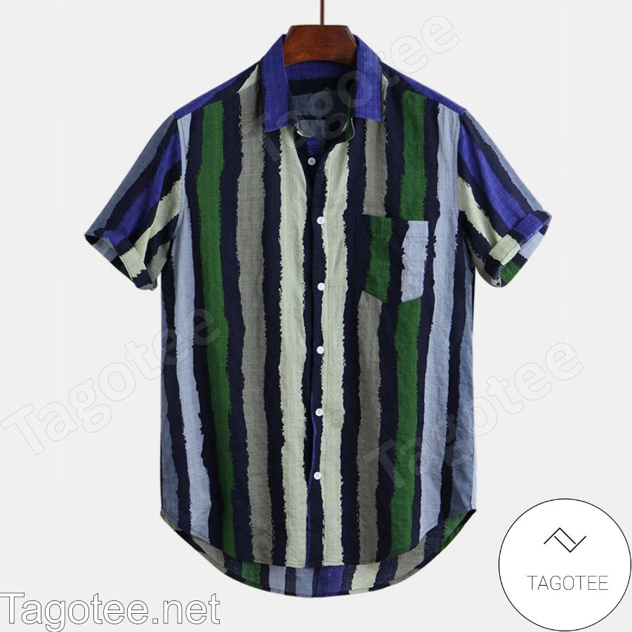 Contrast Color Striped Chest Pocket Hawaiian Shirt