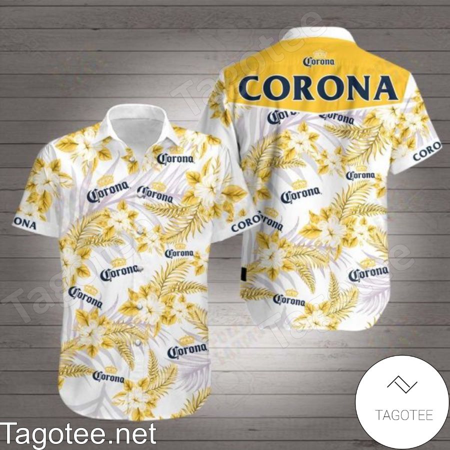 Corona Beer Yellow Tropical Floral White Hawaiian Shirt