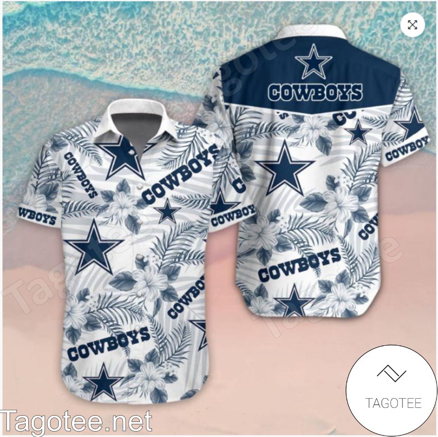 Cowboys Star Navy Tropical Floral White Hawaiian Shirt