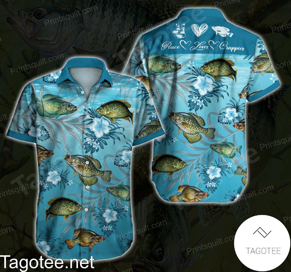 Crappie Lovers Peace Loves Crappies Tropical Floral Blue Hawaiian Shirt