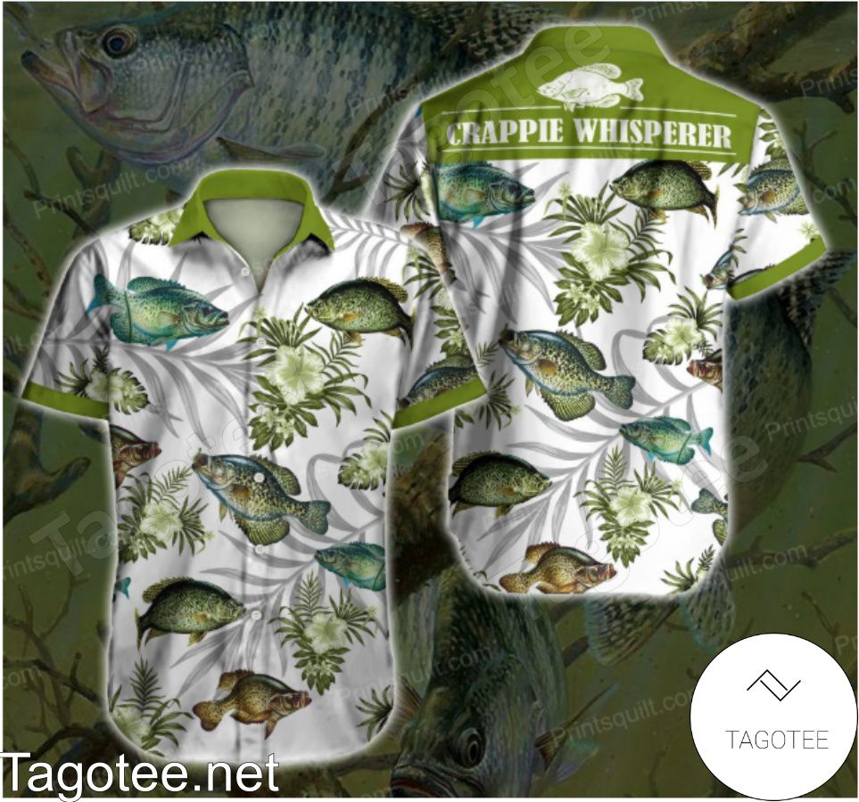 Crappie Whisperer Green Tropical Floral White Hawaiian Shirt