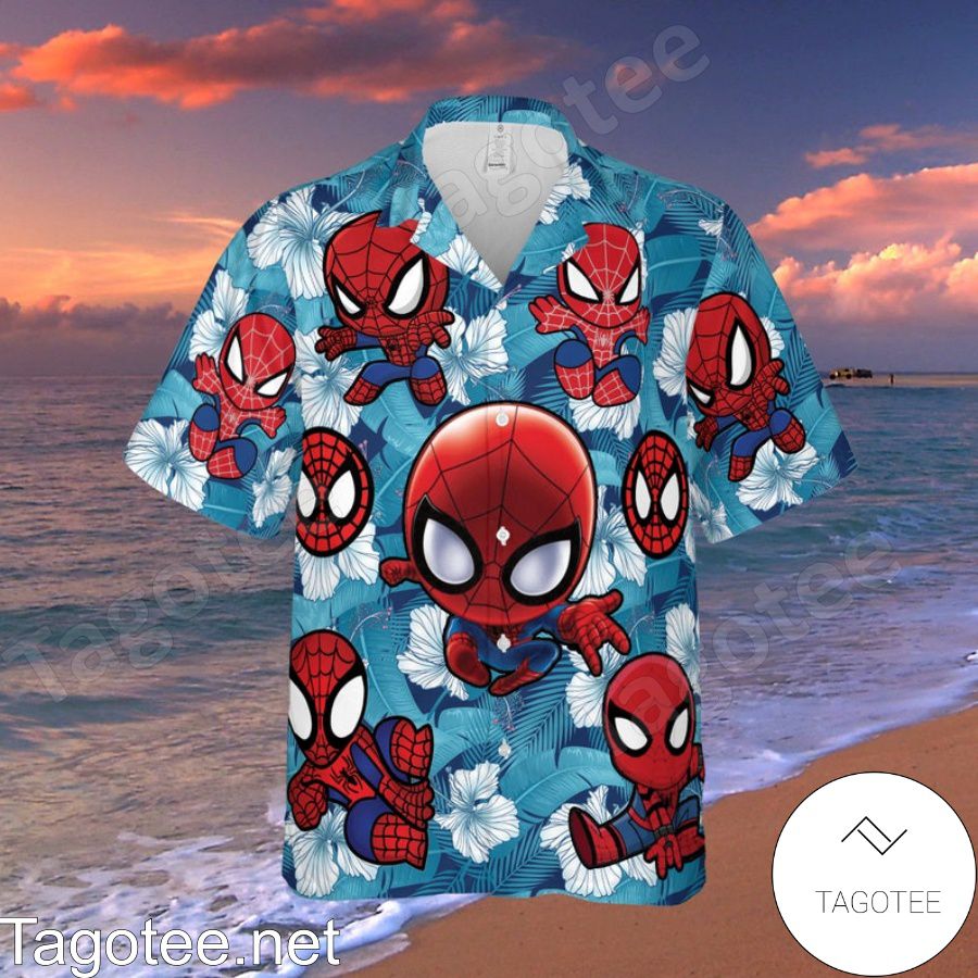 Cute Spiderman Hibicus Blue Hawaiian Shirt And Short
