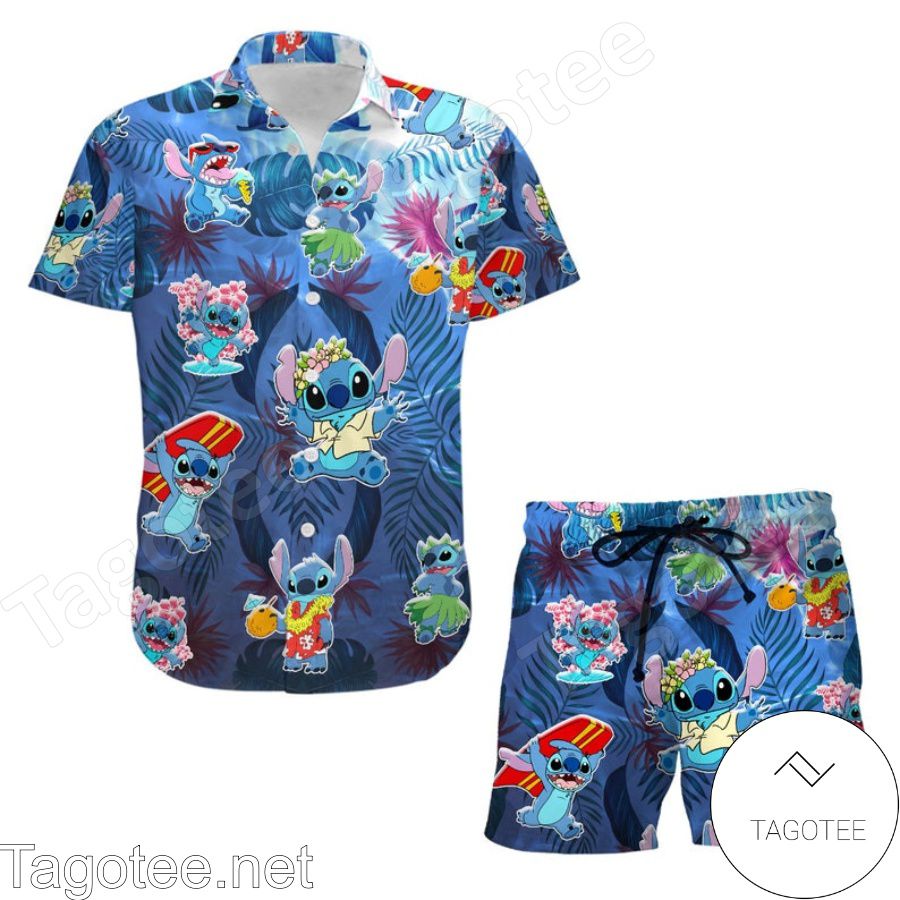 Dancing Stitch Disney Cartoon Graphics Combo Aloha Blue Hawaiian Shirt And Short