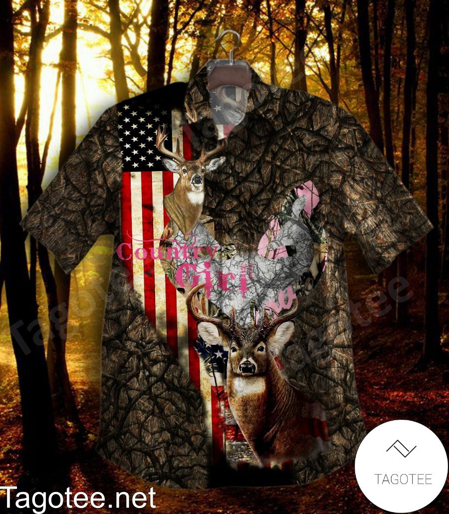 Deer Hunting Country Girl American Flag Hawaiian Shirt