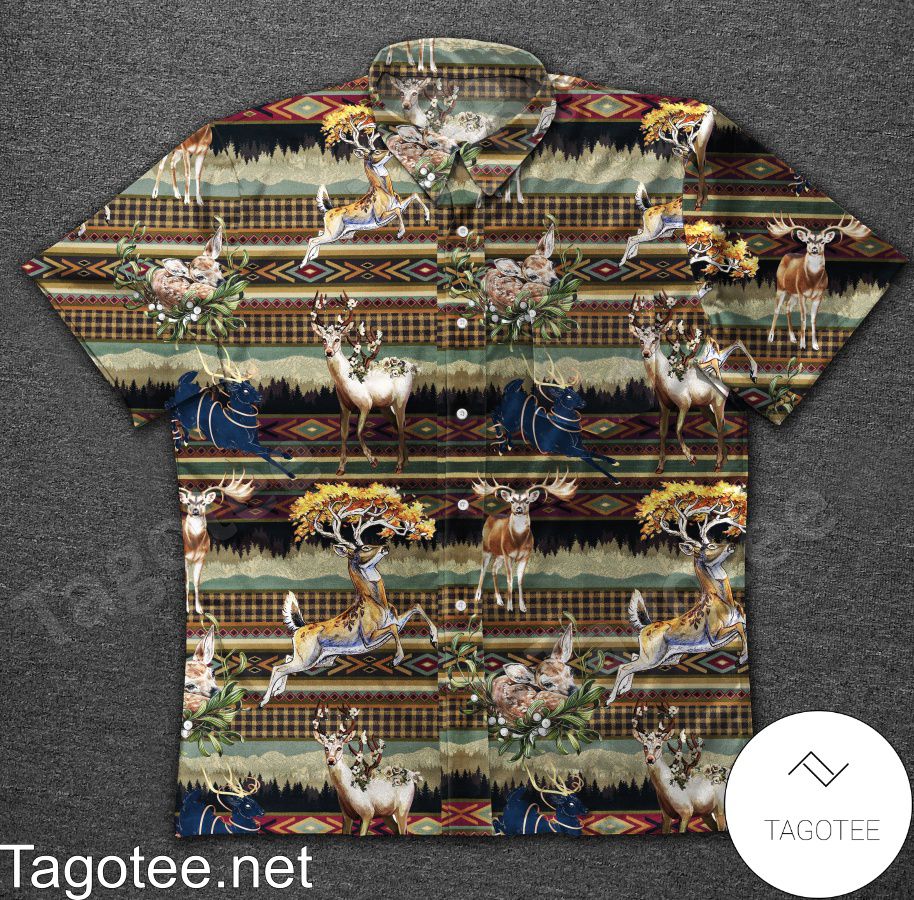 Deer Hunting Floral Tribal Pattern Hawaiian Shirt