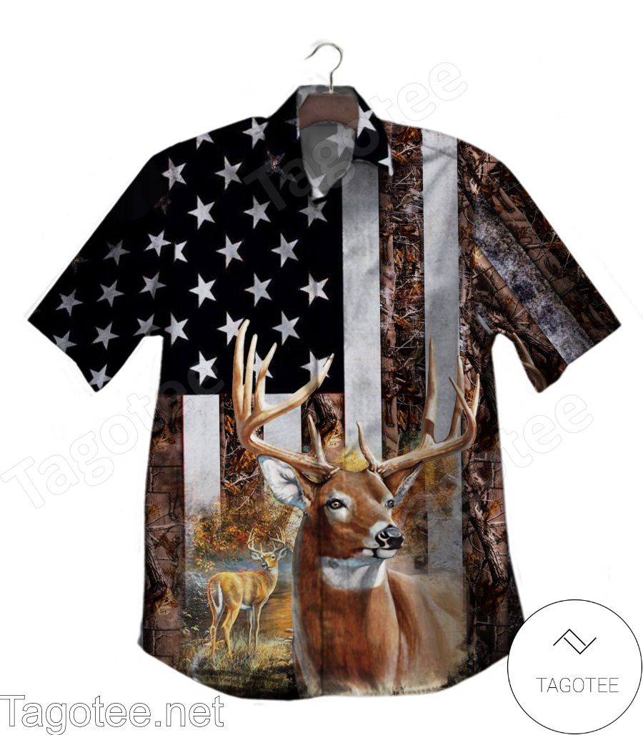 Deer Hunting Forest American Flag Hawaiian Shirt