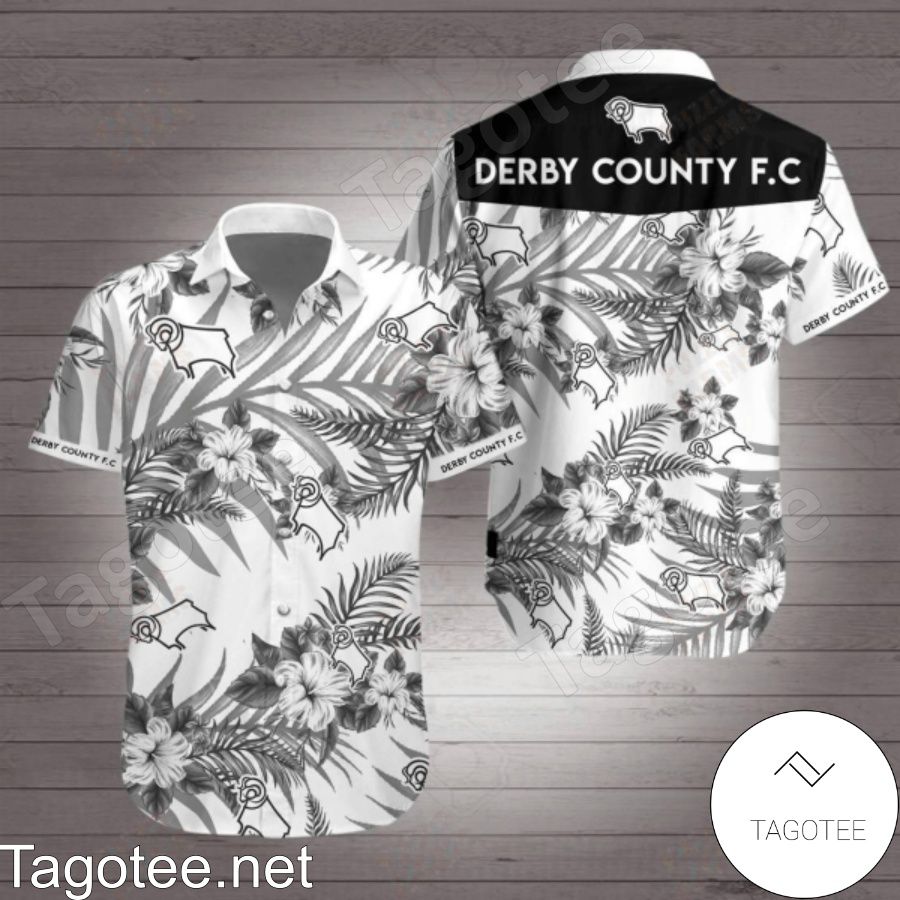 Derby County Fc Black Tropical Floral White Hawaiian Shirt