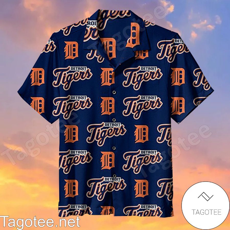 Detroit Tigers Baseball 1930 Orange Logo Printed On Navy Hawaiian Shirt