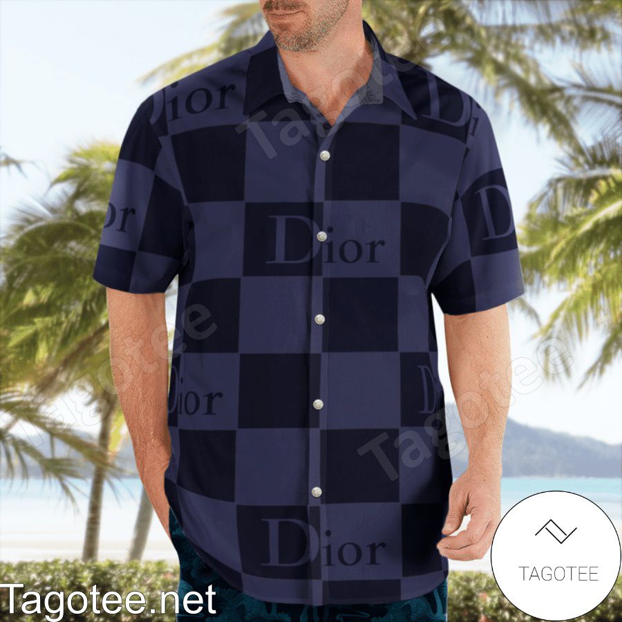 Get Here Dior Black And Purple Checkered Hawaiian Shirt And Beach Shorts