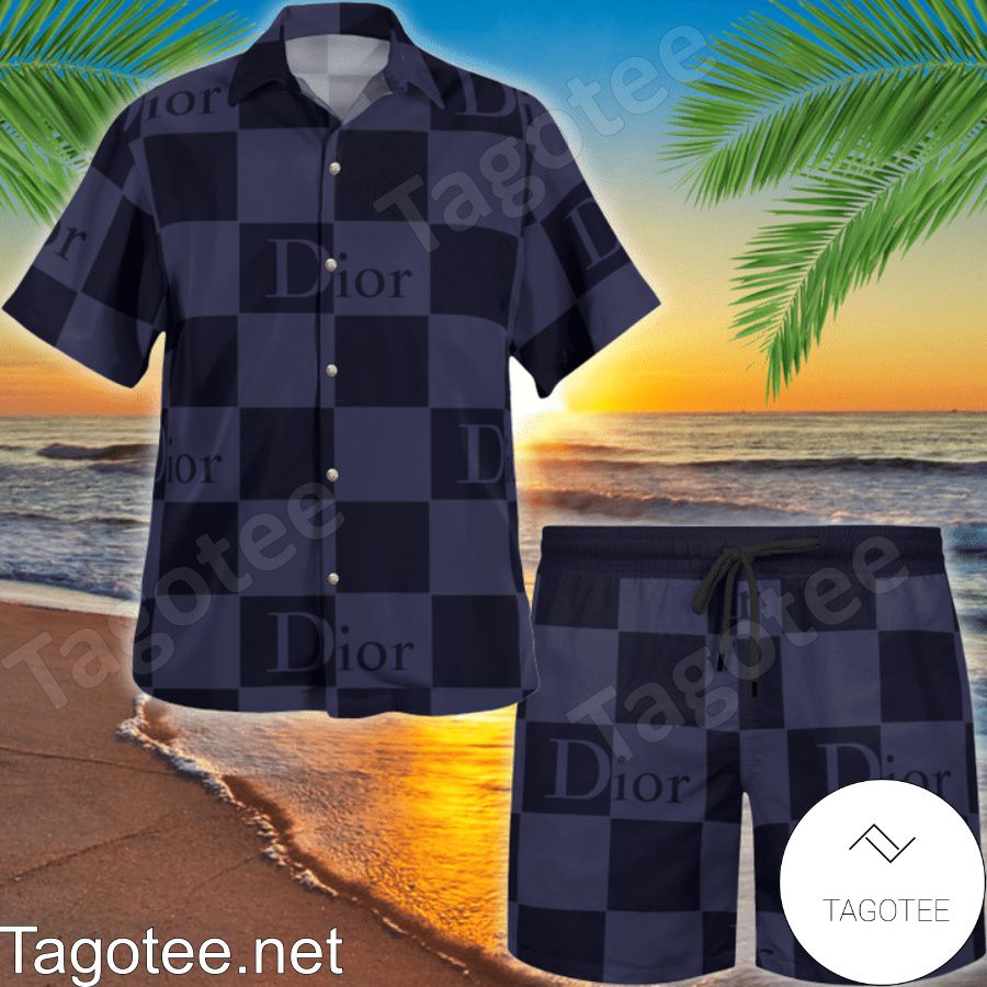 The cheapest Dior Black And Purple Checkered Hawaiian Shirt And Beach Shorts