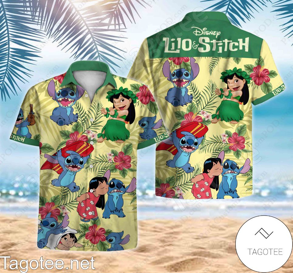 Disney Lilo Stitch Tropical Hibiscus Yellow Hawaiian Shirt