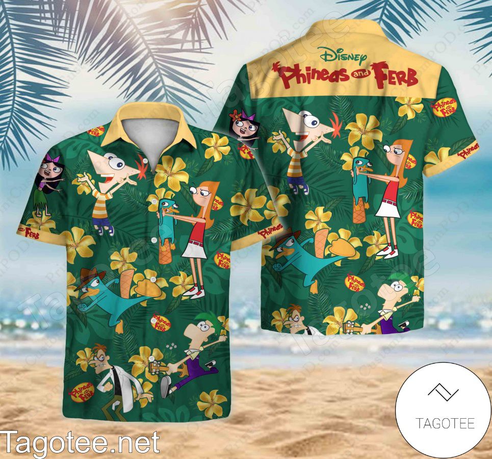 Disney Phineas And Ferb Yellow Tropical Flower Green Hawaiian Shirt