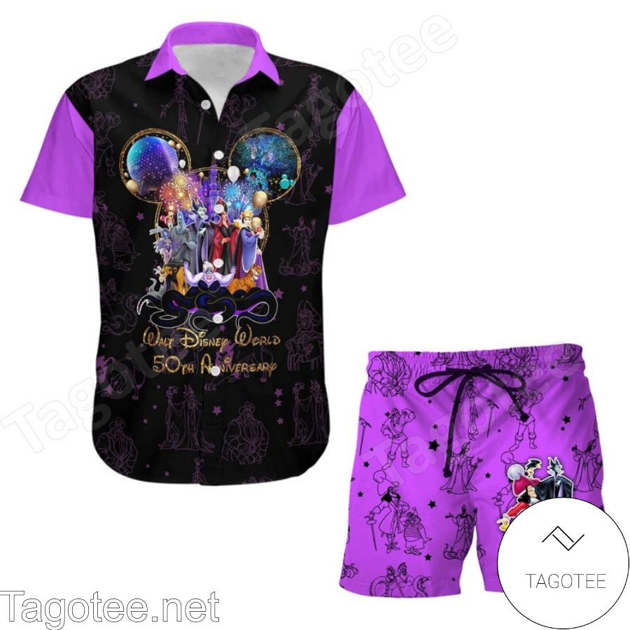 Disney Villains 50th Anniversary Glitter Disney Castle Black Purple Hawaiian Shirt And Short