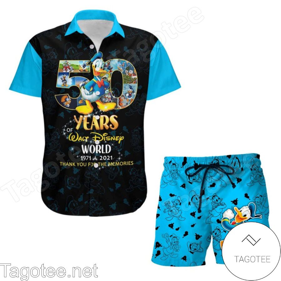 Donald Duck 50th Anniversary Glitter Disney Castle Black Blue Hawaiian Shirt And Short