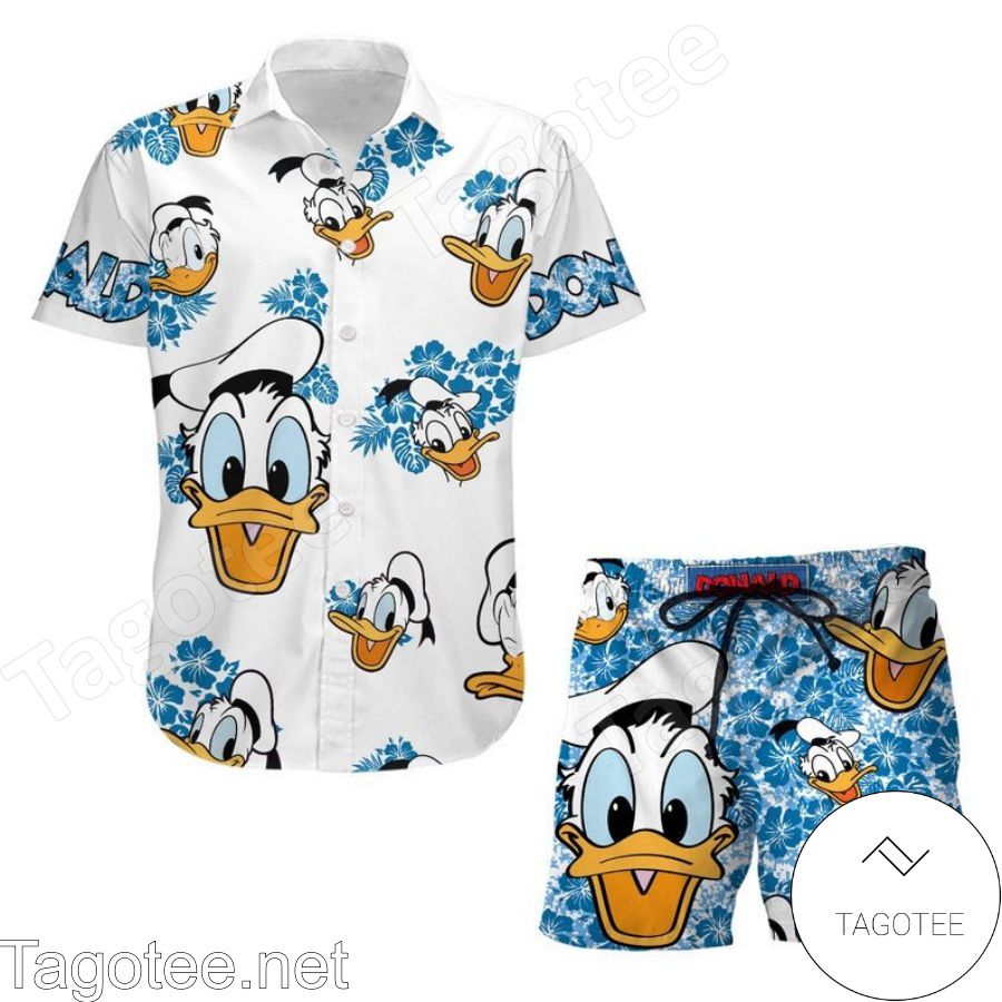 Donald Duck Hibicus Disney Cartoon Graphics White Blue Hawaiian Shirt And Short