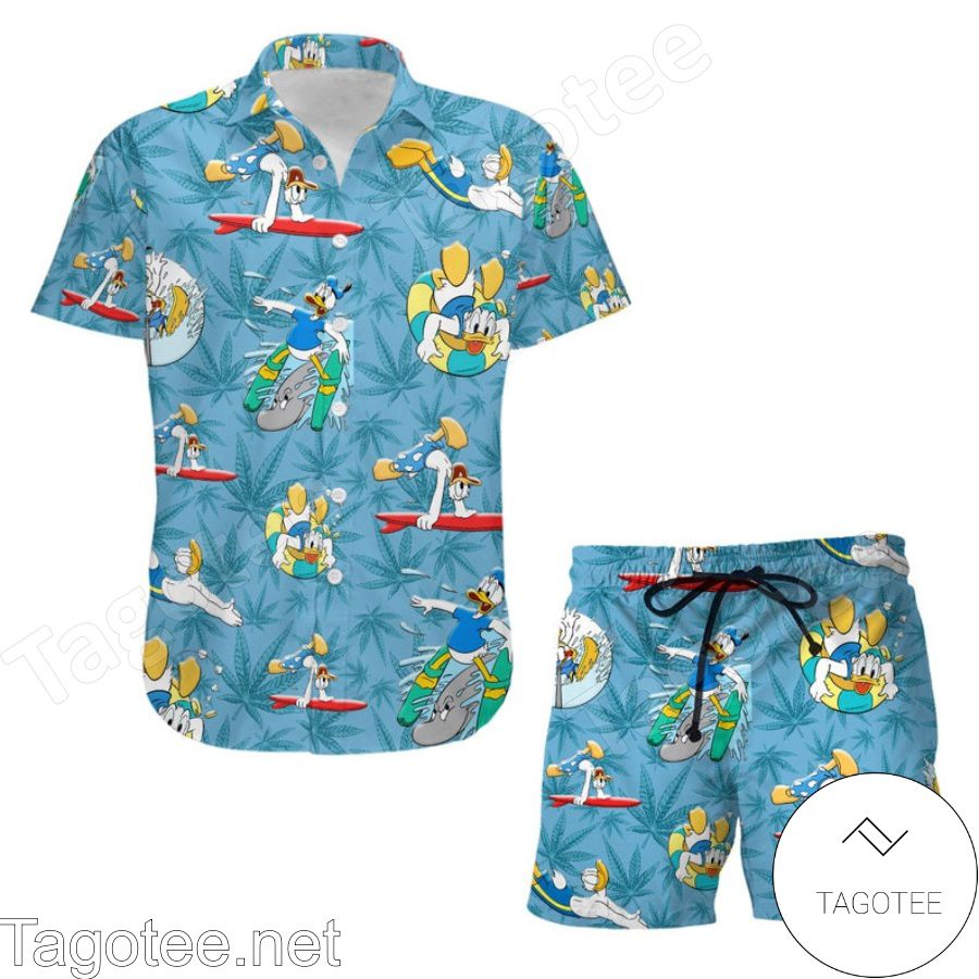 Donald Duck Surfing Disney Cartoon Graphics Blue Hawaiian Shirt And Short