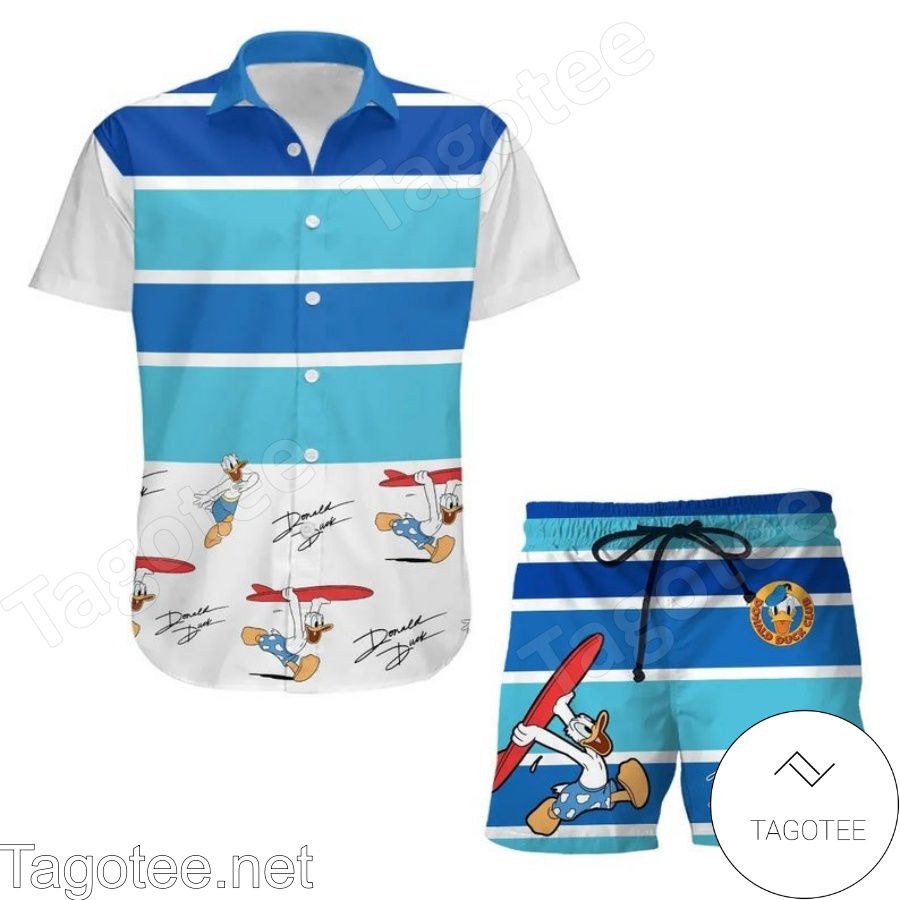 Donald Duck Surfing Disney Cartoon Graphics White Blue Hawaiian Shirt And Short