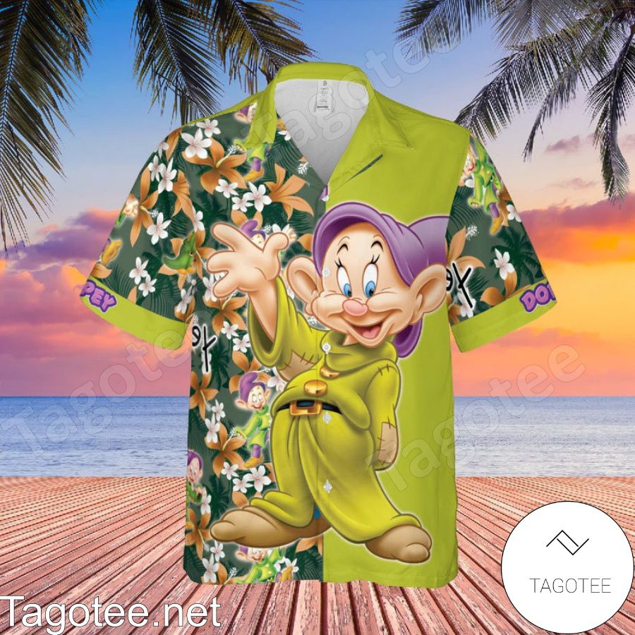 Dopey Dwarf Snow White Disney Cartoon Graphics Floral Pattern Green Hawaiian Shirt And Short