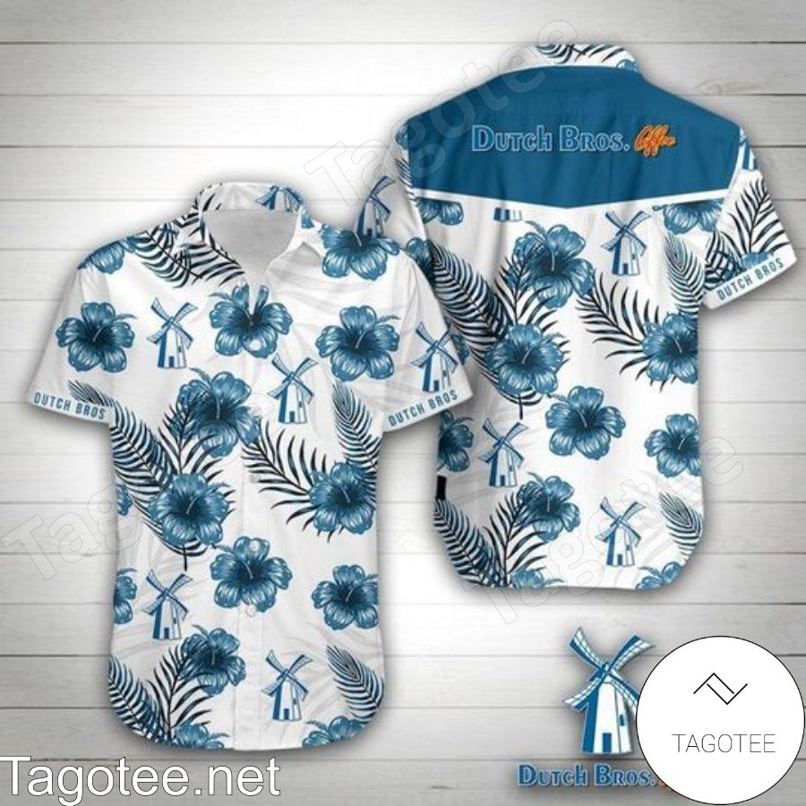 Dutch Bros Coffee Blue Hibiscus White Hawaiian Shirt