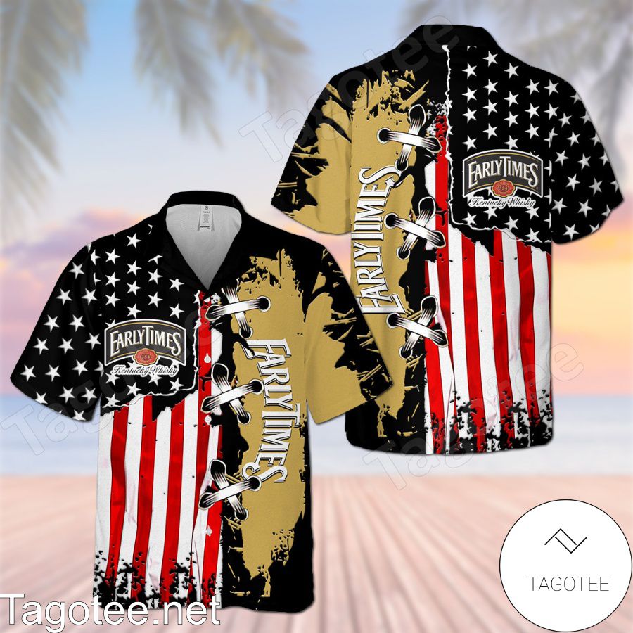 Early Times USA Flag Cross Stitch Black Yellow Hawaiian Shirt And Short