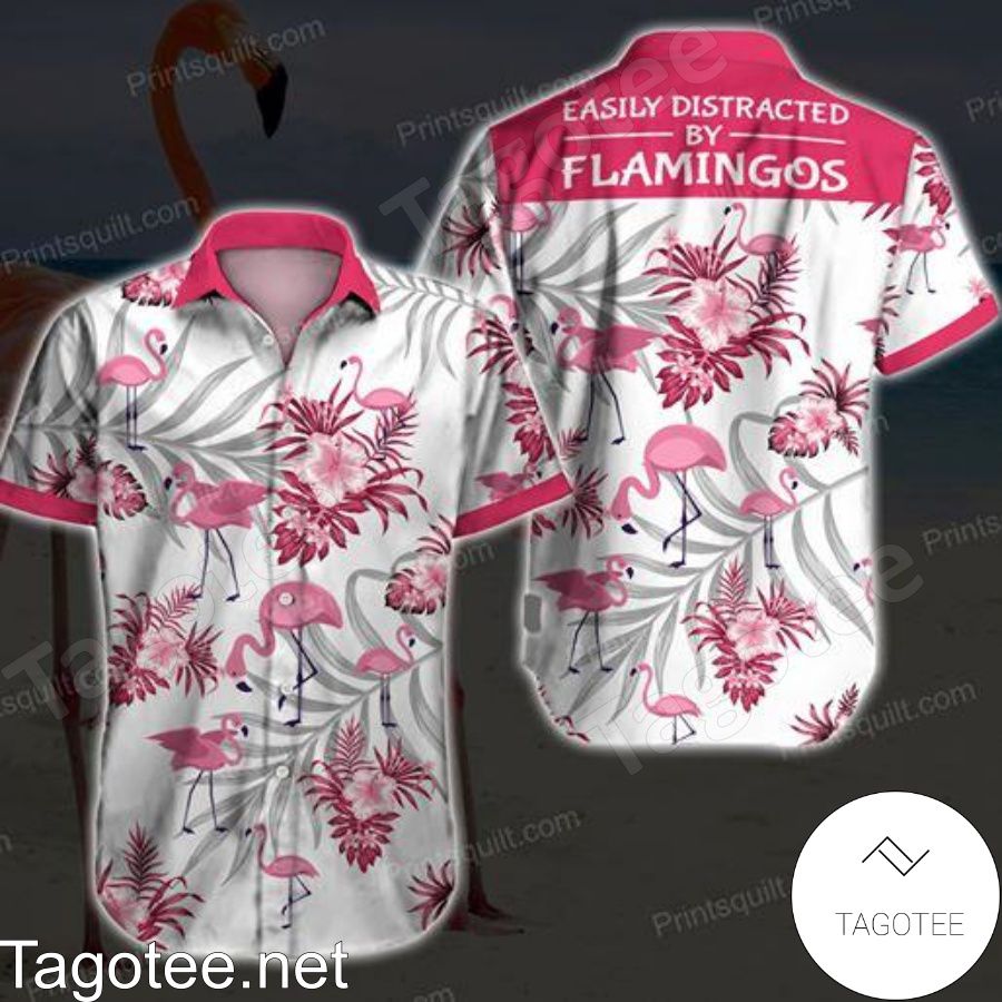 Easily Distracted By Flamingos Pink Tropical Floral White Hawaiian Shirt