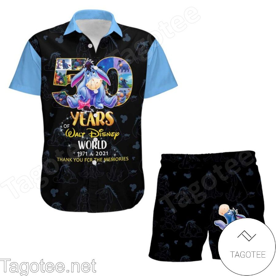 Eeyore Donkey 50th Anniversary Glitter Disney Castle Black Blue Hawaiian Shirt And Short