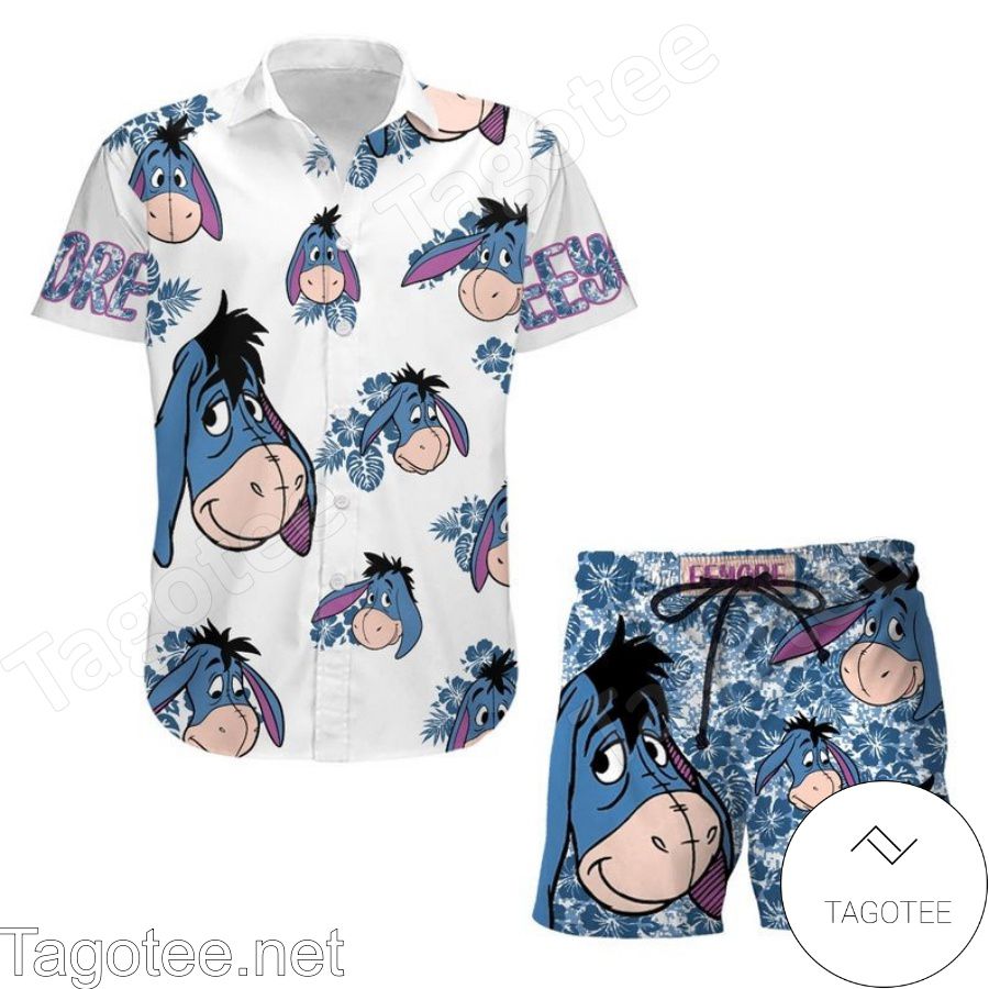 Eeyore Donkey Winnie The Pooh Disney Hibicus White Blue Hawaiian Shirt And Short