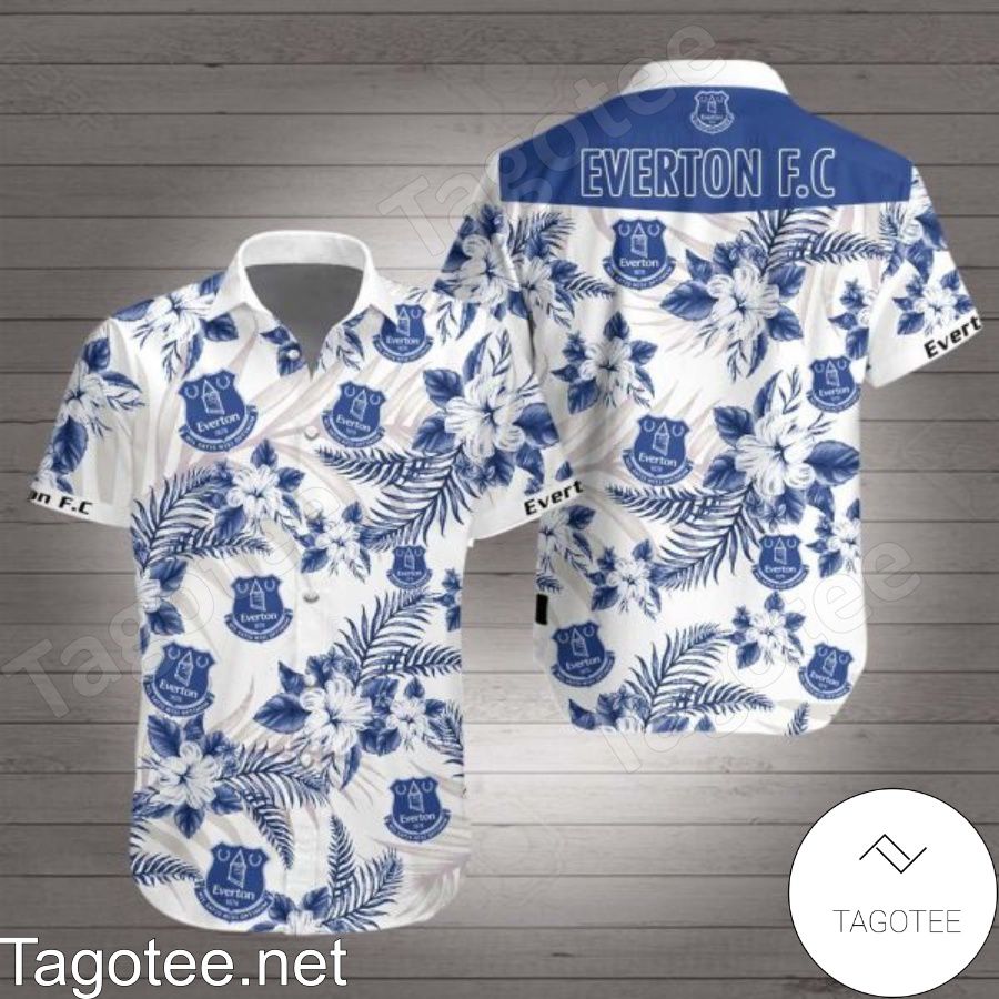 Everton Fc Navy Tropical Floral White Hawaiian Shirt