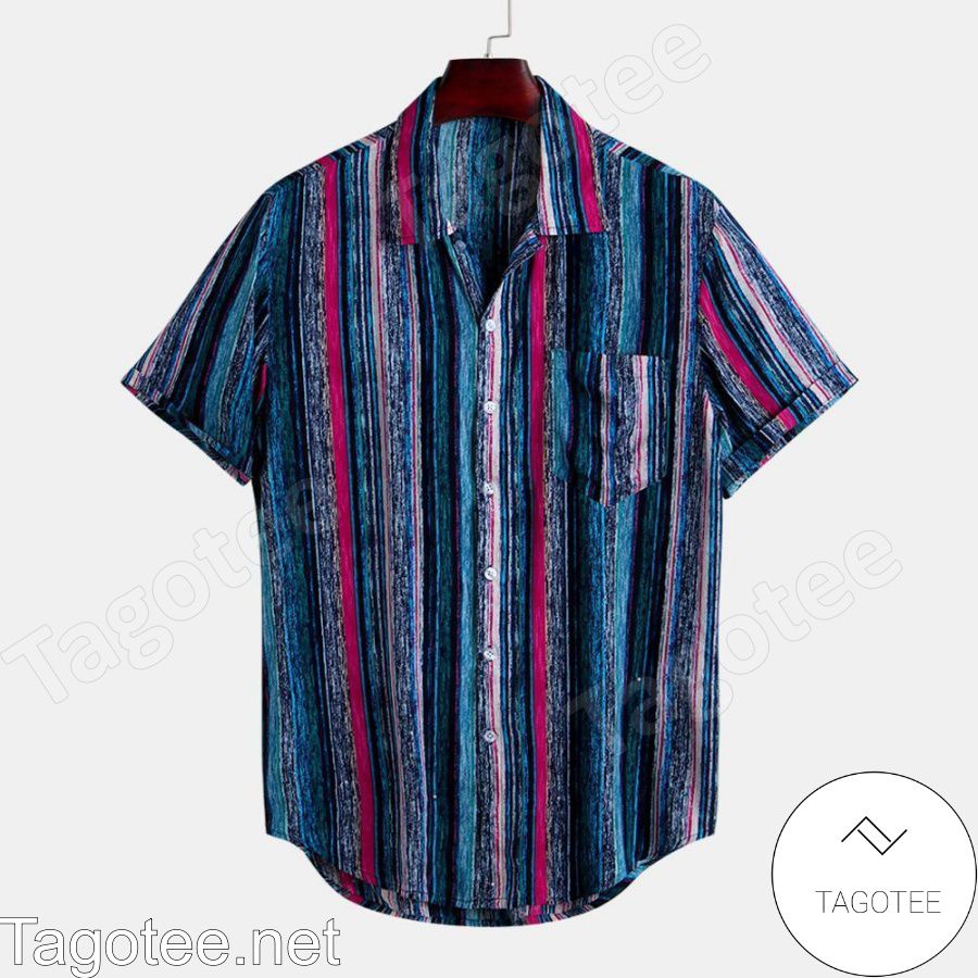 Fashion Colorful Striped Chest Pocket Design Hawaiian Shirt