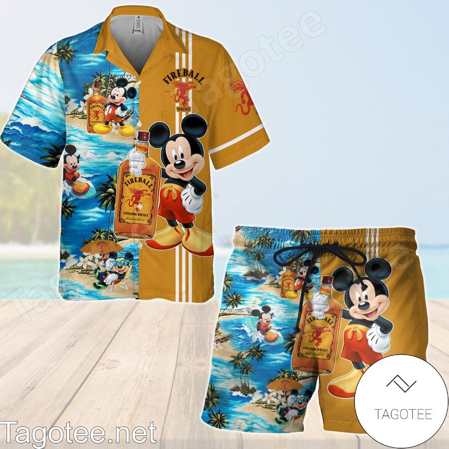 Fireball Cinnamon Whisky Mickey Mouse Orange Hawaiian Shirt And Short