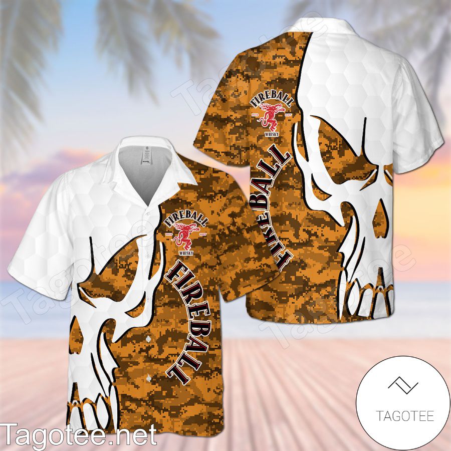 Fireball Cinnamon Whisky Skull Pattern Camo White Orange Hawaiian Shirt And Short