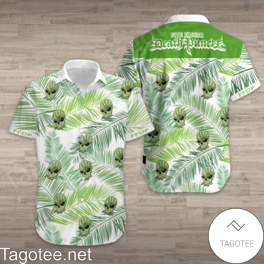 Get Here Five Finger Death Punch Green Palm Leaf White Hawaiian Shirt