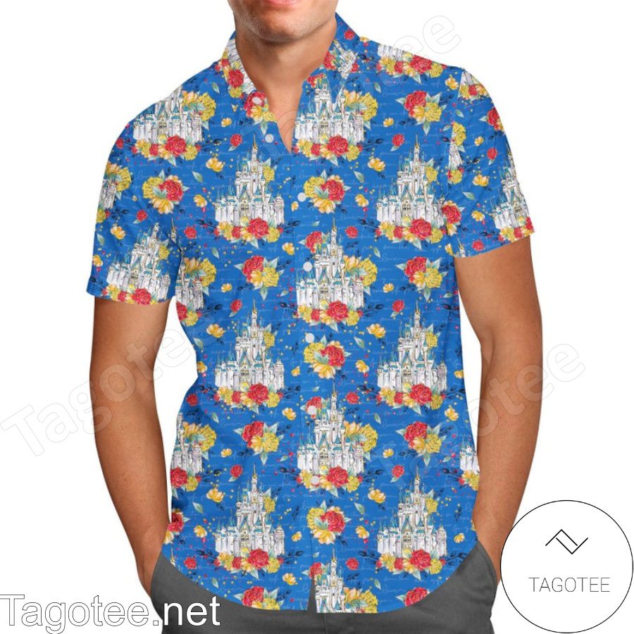 Floral Castle Disney Cartoon Graphics Inspired Blue Hawaiian Shirt And Short