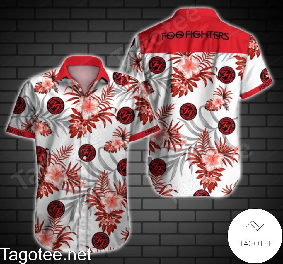 Foo Fighters Red Tropical Hibiscus Palm Leaf Hawaiian Shirt