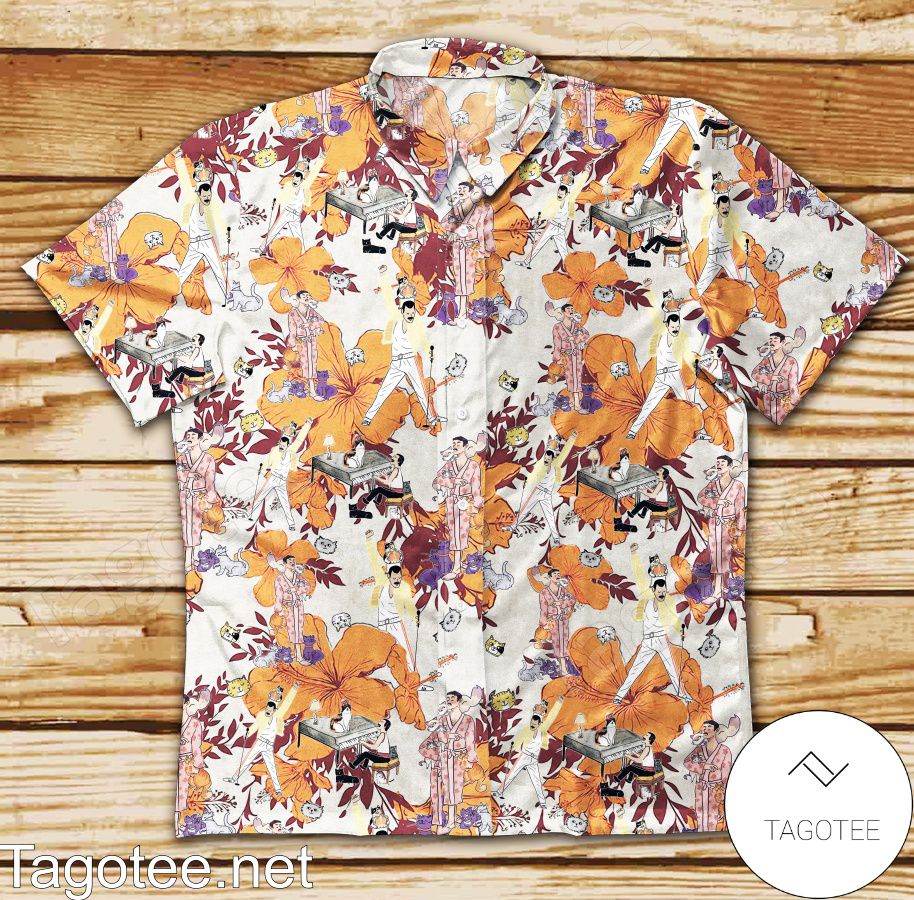 Freddie Mercury Face Cats Orange Hibiscus Hawaiian Shirt
