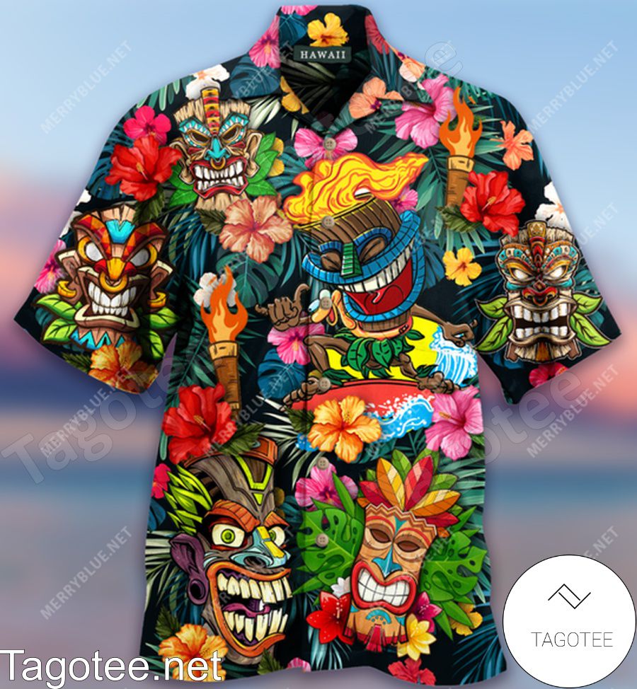 Funny Tiki Tiki Colorful Hibiscus Flowers Tropical Hawaiian Shirt