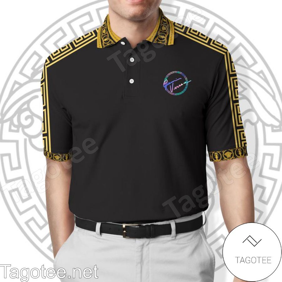Gianni Versace Colorful Logo With Greek Border Gold Black Polo Shirt