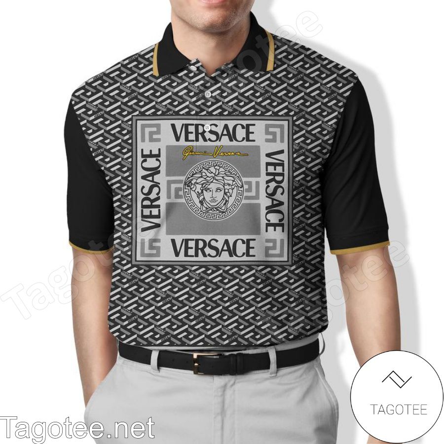 Gianni Versace Medusa Pattern Black Grey All Over Print Polo Shirt