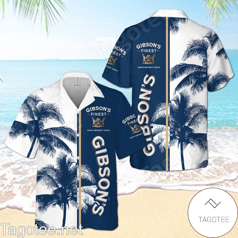 Gibson's Gin Palm Tree Pattern White Blue Hawaiian Shirt And Short