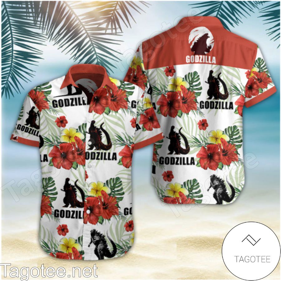 Godzilla Red Hibiscus And Plumeria White Hawaiian Shirt