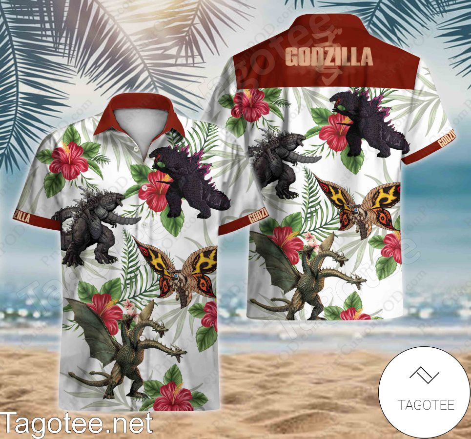 Godzilla Red Hibiscus Palm Leaf White Hawaiian Shirt