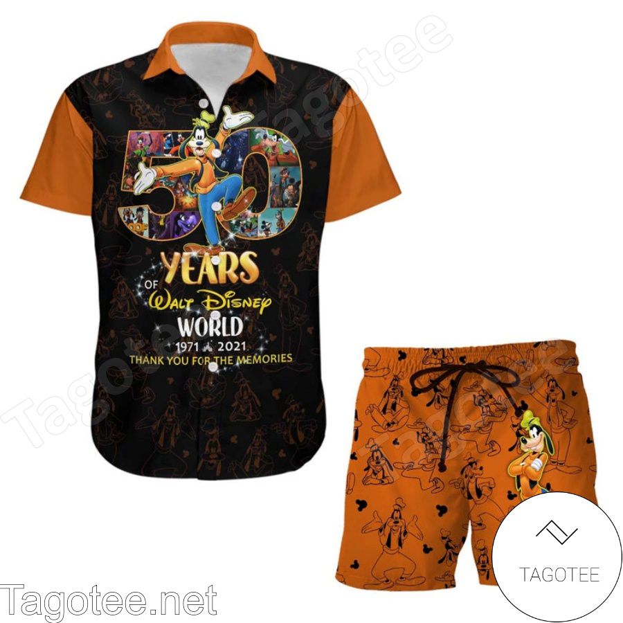 Goofy Dog 50th Anniversary Glitter Disney Castle Black Orange Hawaiian Shirt And Short