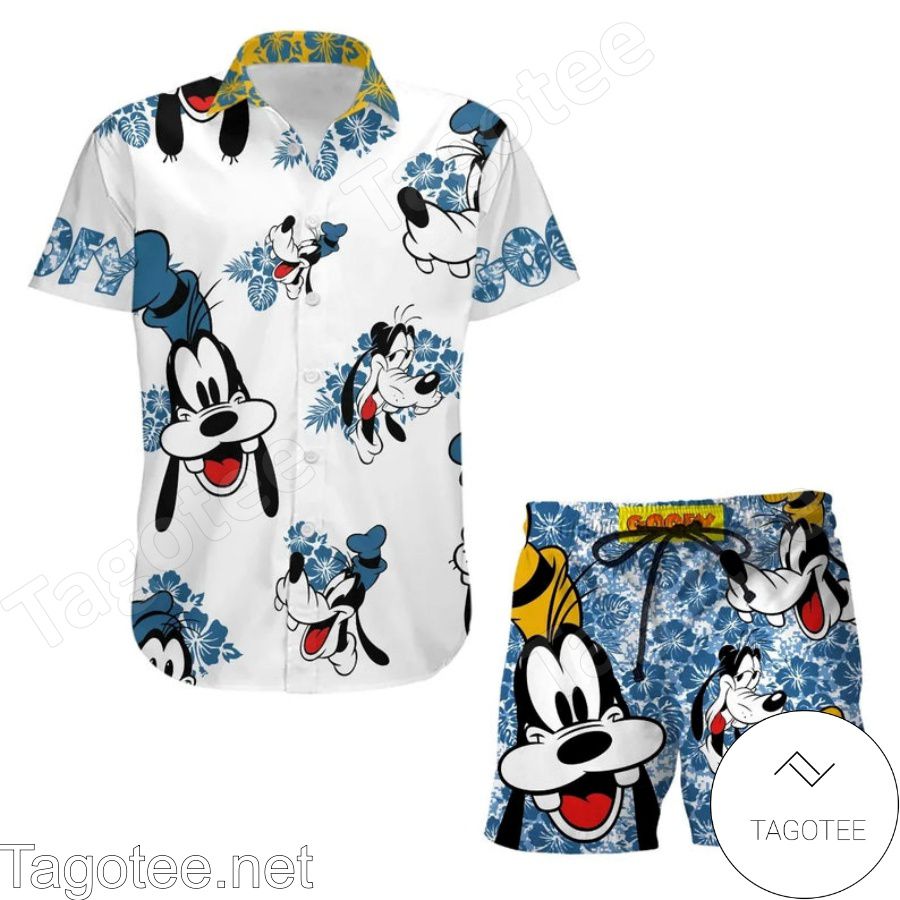 Goofy Dog Hibicus Disney Cartoon Graphics White Blue Hawaiian Shirt And Short
