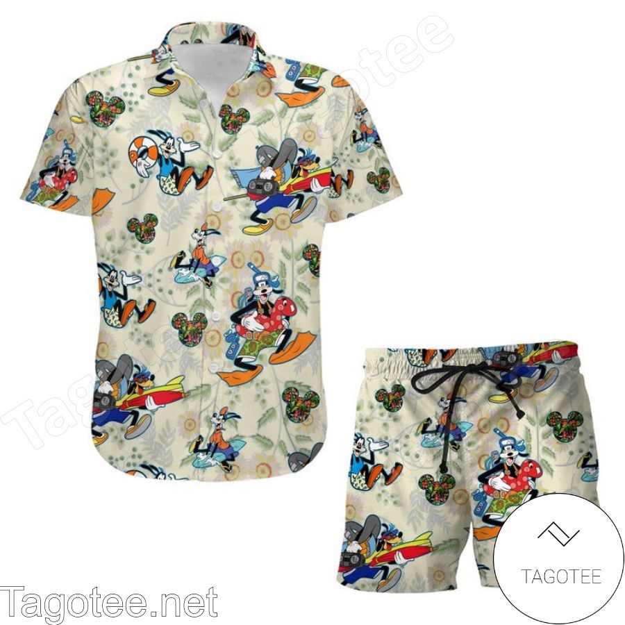 Goofy Dog Surfing Disney Cartoon Graphics Beige Hawaiian Shirt And Short