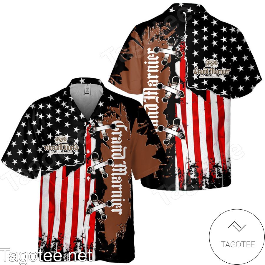 Grand Marnier USA Flag Cross Stitch Black Brown Hawaiian Shirt And Short